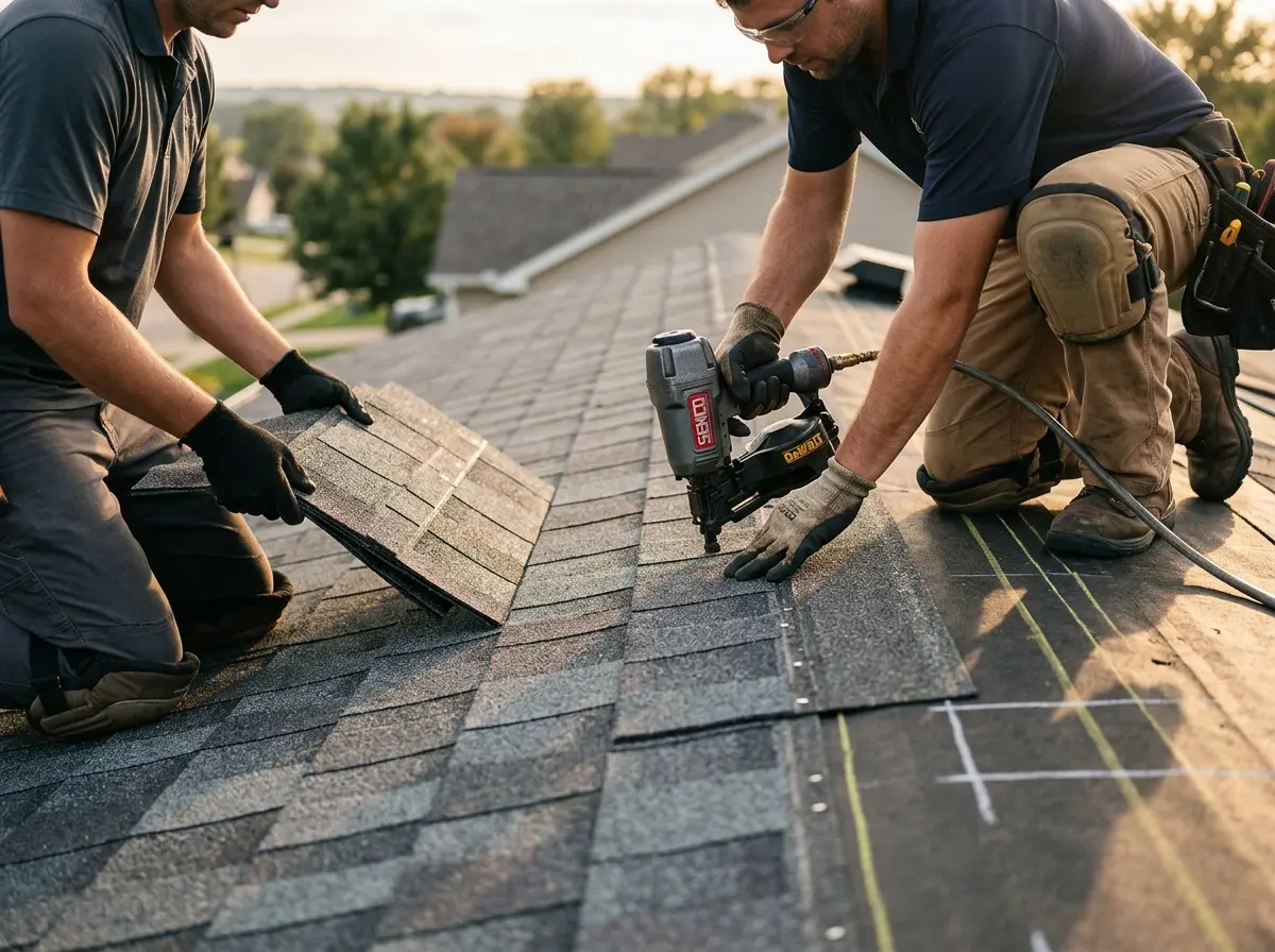 Professional roofer working on a residential roof in Shenango